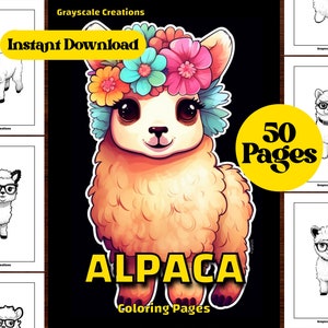 50 Alpaca Coloring Page Book, Baby Sheep Woodland Animal, Festive Birthday Activity, Printable PDF Sheets,  Grayscale Coloring, Adults + Kid
