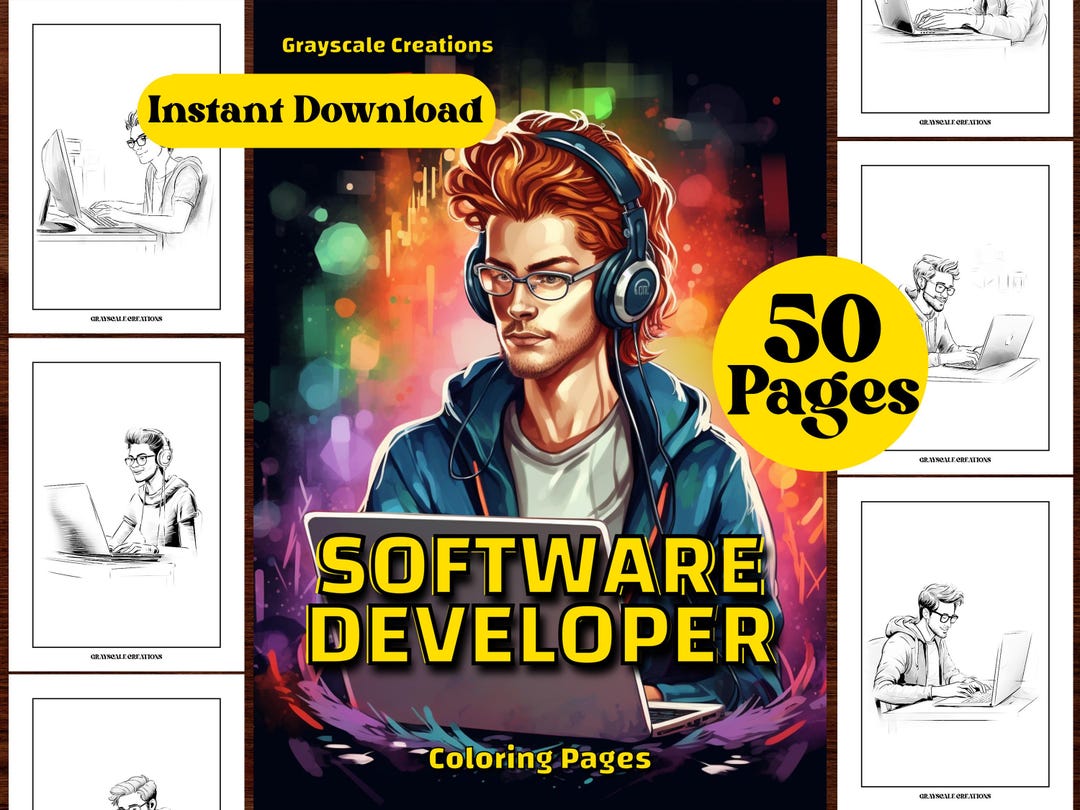 50 Software Developer Coloring Page Book, People Human Profession ...