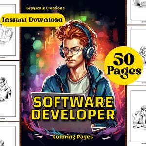 Puede incluir: Un libro para colorear con 50 páginas con ilustraciones de desarrolladores de software. La portada presenta una ilustración colorida de una persona con auriculares y usando una computadora portátil. El título del libro es "Software Developer Coloring Pages".