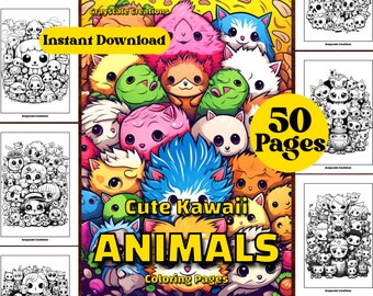 50 Animal Kawaii Cute Doodle Coloring Page Book, Printable PDF Sheet, Instant Download, Grayscale Coloring, Adults + Kids, ADHD DND, cat dog