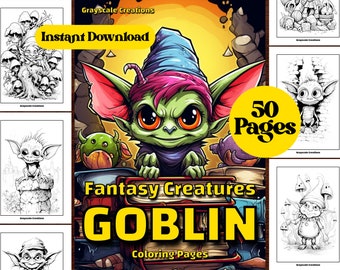 50 Cute Goblin Coloring Page Book, Printable PDF Sheets, Instant Download, Grayscale Coloring, Adults + Kids, ADHD DND, Monster Ogre Troll