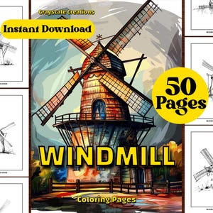 50 Windmill Page Book, Fantasy Enchanted Places Landscape, Birthday Activity, Printable PDF Sheets, Grayscale Coloring, Adults + Kids