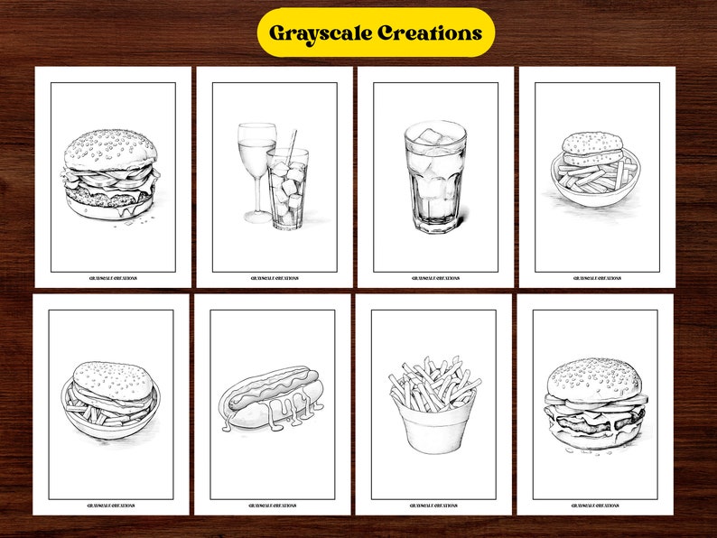 May include: Nine black and white illustrations of various food and drink items. The illustrations include a burger, fries, a hot dog, a glass of water, a glass of iced tea, and a bowl of fries.