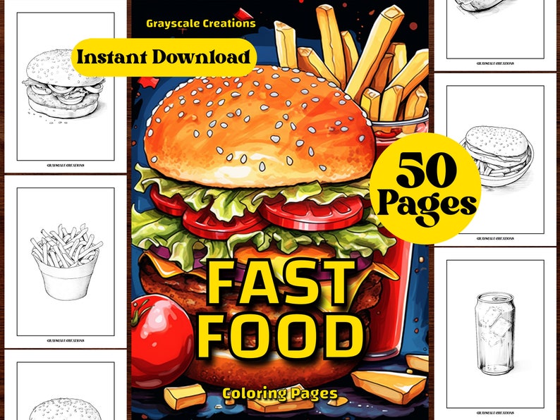May include: A set of 50 coloring pages featuring fast food items, including a hamburger, french fries, and a soda can. The pages are black and white and ready to be colored.