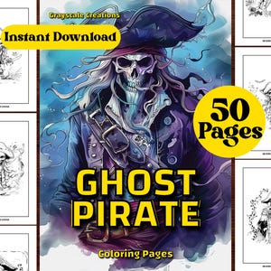 50 kolorowanek Ghost Pirate, Halloween Cartoon Creepy, arkusze PDF do wydrukowania, natychmiastowe pobieranie, kolorowanie w skali szarości, dorośli + dzieci