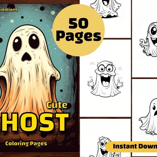 50 Cute Ghost Coloring Page Book, Halloween Chibi Cartoon Creepy, Printable PDF Sheets, Instant Download, Grayscale Coloring, Adults + Kids