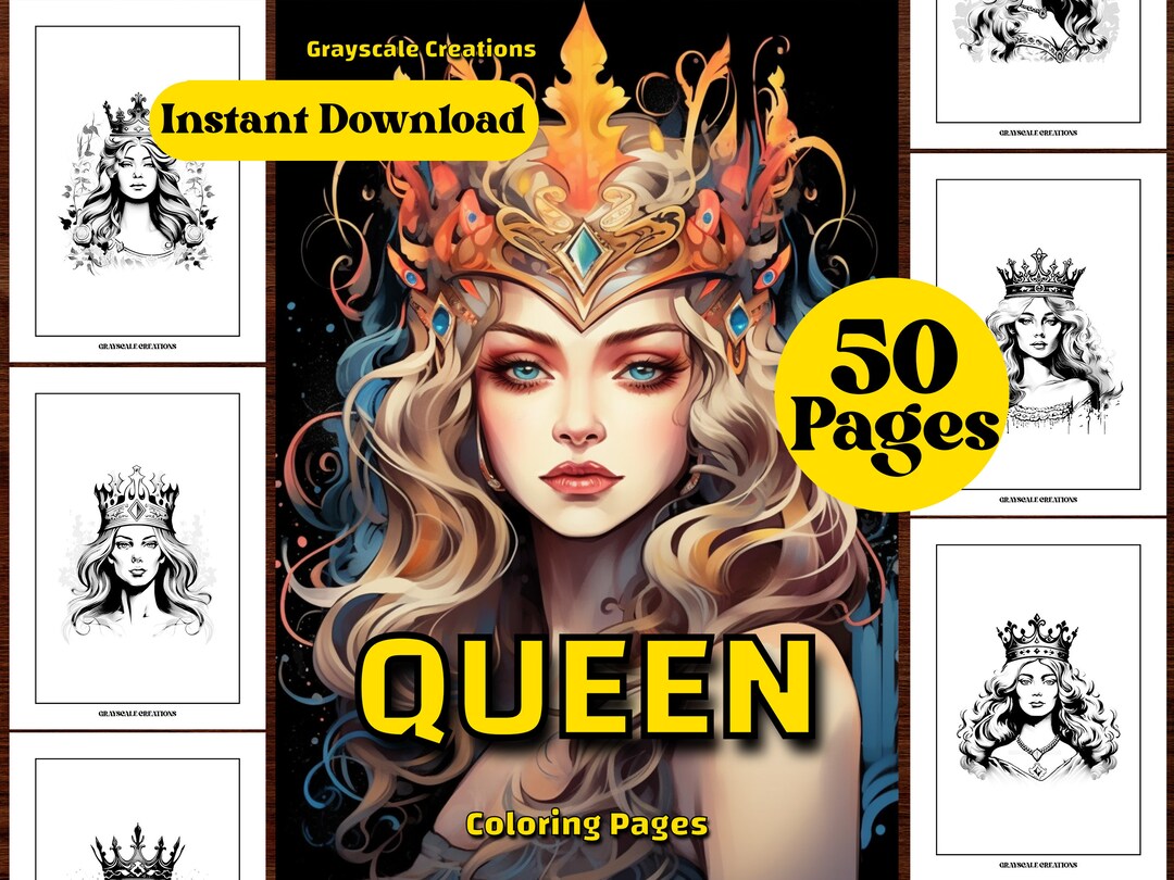 50 Queen Coloring Page Book, Fantasy Enchanted Creatures, Birthday