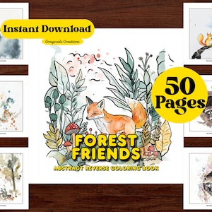 Könnte beinhalten: Eine Aquarell-Illustration eines Fuchses in einer Waldlandschaft. Die Illustration ist Teil eines 50-seitigen abstrakten Reverse-Malbuches mit dem Titel "Forest Friends".
