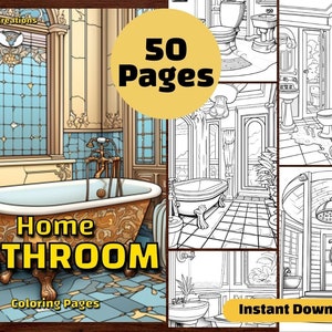 50 Bathroom Coloring Page Book, Printable PDF Sheets, Instant Download, Grayscale Coloring, Adults + Kids, ADHD, House Interior Design