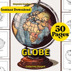 50 Globe Coloring Page Book, Object Motor Nature Car Vintage, Printable PDF Sheets,  Grayscale Coloring, Adults + Kids