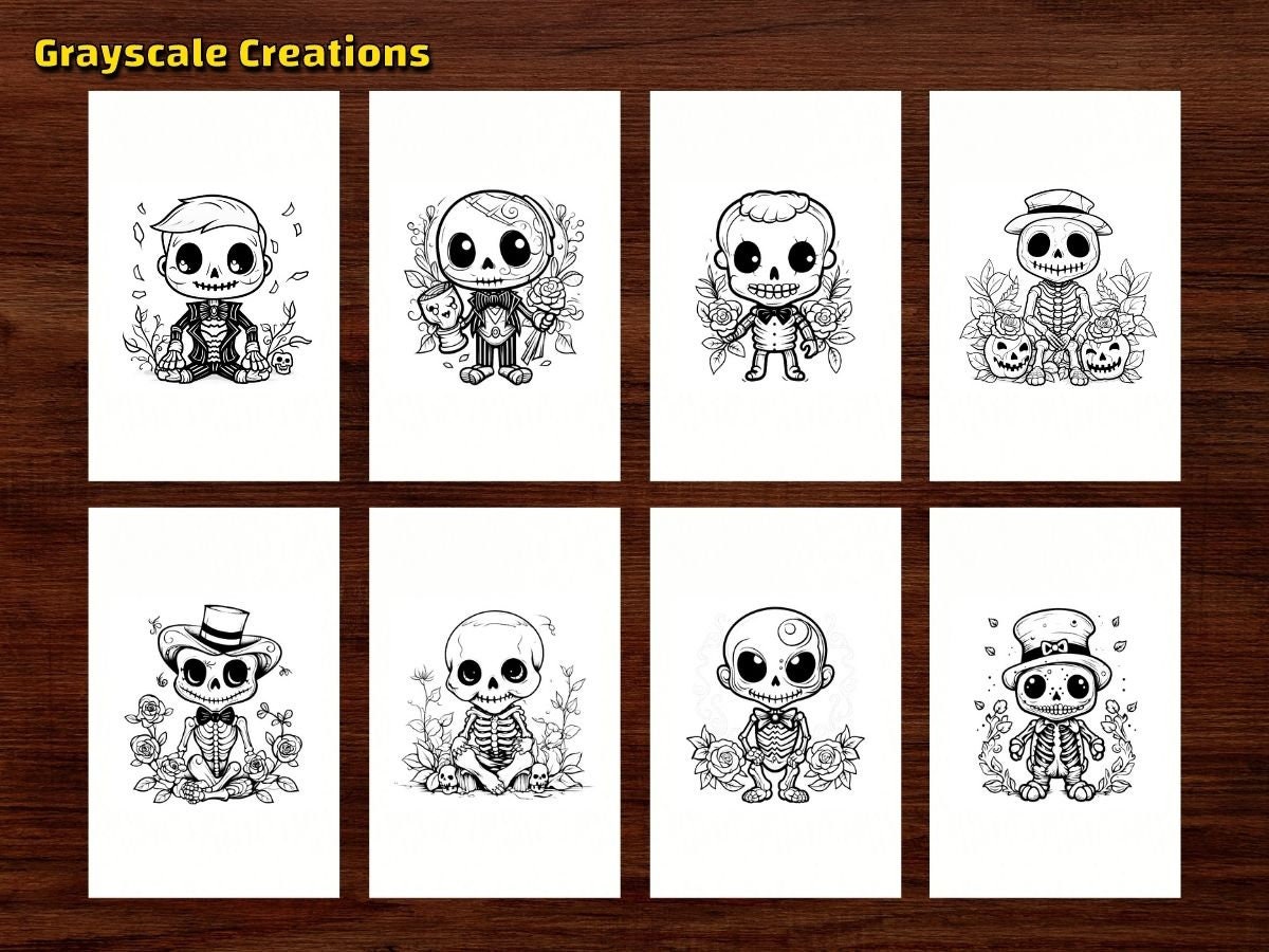 50 Cute Skeleton Coloring Page Book, Halloween Skull Bone Chibi Cartoon
