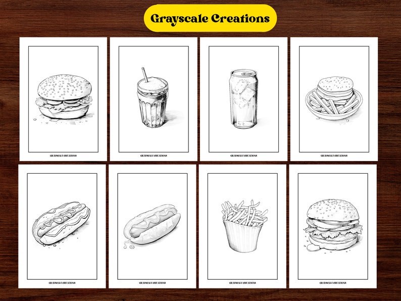 May include: A set of nine black and white illustrations of fast food items, including a burger, fries, hot dog, soda, and milkshake. The illustrations are drawn in a simple, cartoon style.