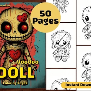 50 Voodoo Doll Coloring Page Book, Halloween Creepy Chibi Sinister, Printable PDF Sheet, Instant Download, Grayscale Coloring, Adults + Kids