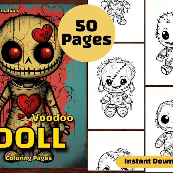 50 Malvorlagen für Voodoo-Puppen, Halloween Creepy Chibi Sinister, druckbares PDF-Blatt, sofortiger Download, Graustufen-Malvorlagen, Erwachsene + Kinder