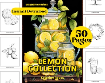 50 Lemon Collection Coloring Page Book, Food Drinks Culinary, Printable PDF Sheets, Instant Download, Grayscale Coloring, Adults + Kids,