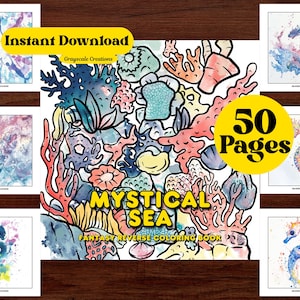 May include: A reverse colouring book with 50 pages featuring a mystical sea theme. The cover features a colourful illustration of seahorses, coral, and other underwater creatures. The title of the book is "Mystical Sea: Fantasy Reverse Colouring Book".