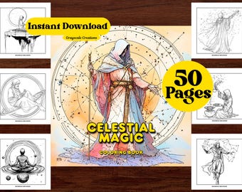 50 Himmlische Magie Fantasy realistische Malseiten, Creatures Achtsamkeit Stress Relief Färbung, druckbare PDF-Blatt, sofort-Download