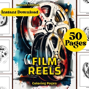 50 Film Reel Coloring Page Book, Object Motor Nature Car Vintage, Printable PDF Sheets,  Grayscale Coloring, Adults + Kids