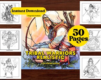 50 Tribal Krieger realistische Malseiten Buch, Fantasy Kreaturen Legenden Stress Relief Färbung, druckbare PDF-Blätter, sofort Download