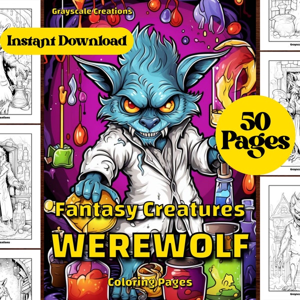 50 enge weerwolf kleurplaat boek, afdrukbare PDF-bladen, Instant Download, grijswaarden kleuren, volwassenen + kinderen, ADHD DND, Monster Wolf Dog