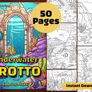 50 Underwater Grotto Coloring Page Book, Printable PDF Sheets, Instant ...