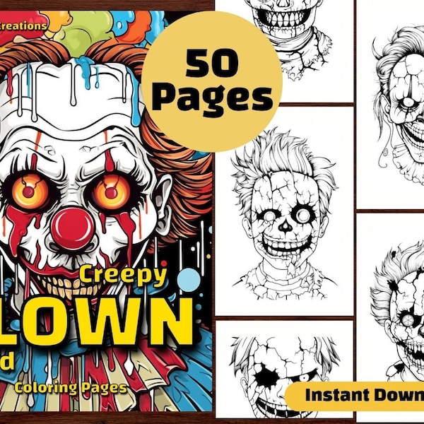 Livre de 50 pages à colorier tête de clown effrayant, Halloween Circus Chibi, feuilles PDF imprimables, téléchargement immédiat, coloriage en niveaux de gris, adultes + enfants