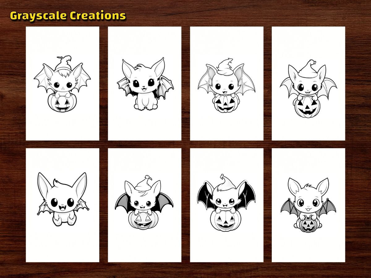 50 Bat Halloween Page Book, Chibi Kawaii Cute Bird Pet Animal Pumpkin Witch  Hat, Printable PDF Sheets, Grayscale Coloring, Adults + Kids - Etsy Israel