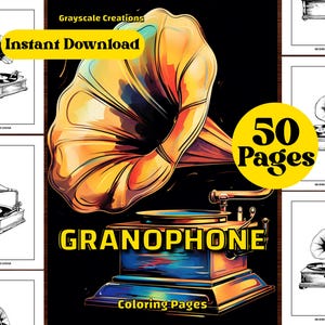 50 Gramophone Coloring Page Book, Object Motor Nature Car Vintage, Printable PDF Sheets,  Grayscale Coloring, Adults + Kids
