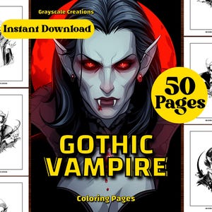 50 gotycka książka do kolorowania wampirów, przerażająca kreskówka na Halloween, arkusze PDF do wydrukowania, natychmiastowe pobieranie, kolorowanie w skali szarości, dorośli + dzieci