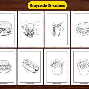 May include: A set of eight black and white printable coloring pages featuring various food and drink items, including a burger, fries, a hot dog, a glass of wine, a glass of iced tea, and a cup of coffee.
