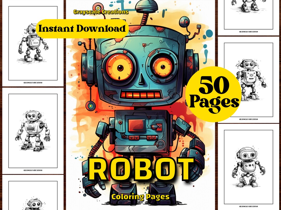 50 Robot Coloring Page Book, Fantasy Enchanted Creatures, Birthday