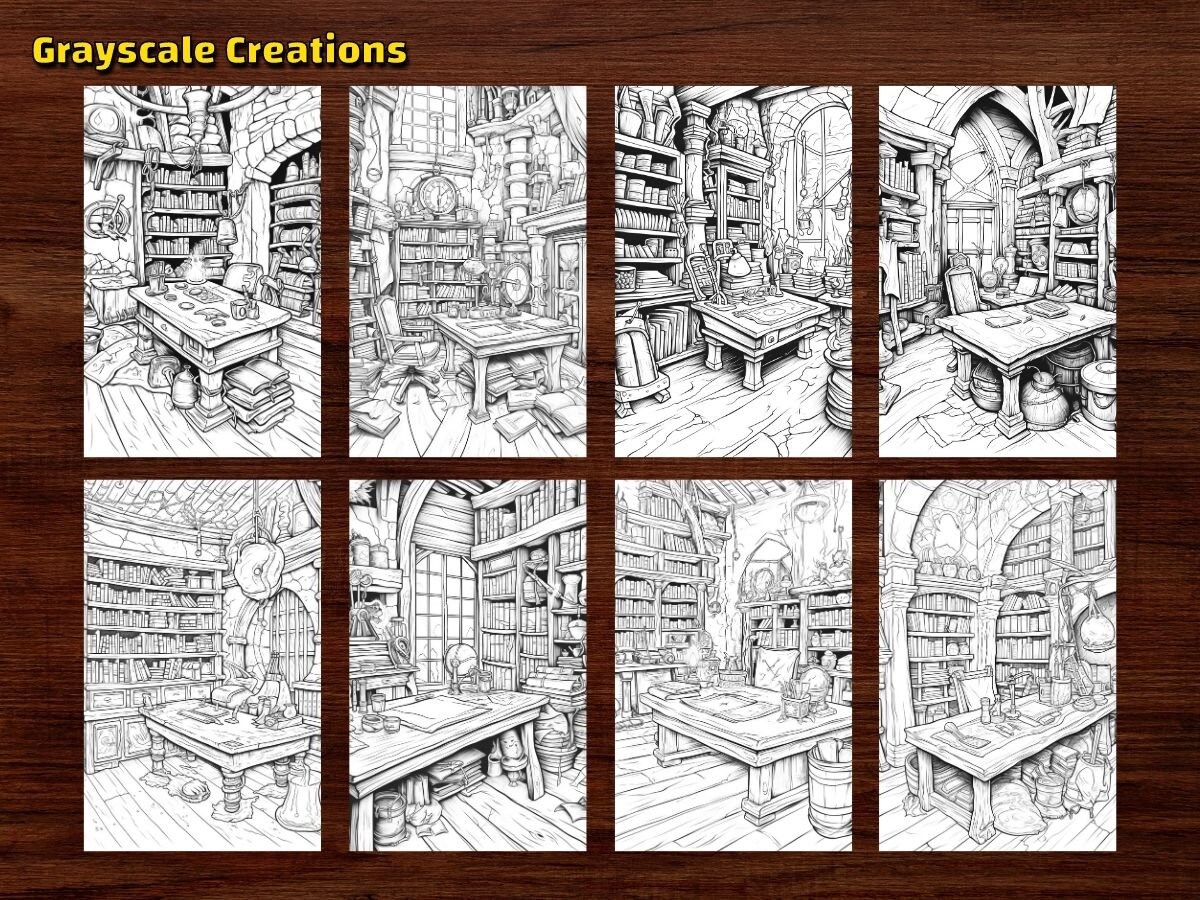 50 Wizard’s Study Coloring Page Book, Printable PDF Sheets, Instant ...