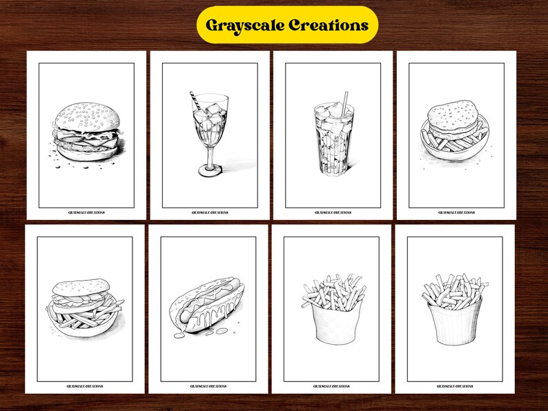 May include: A set of eight black and white illustrations of various fast food items, including burgers, fries, hot dogs, and drinks. The illustrations are drawn in a simple, minimalist style.
