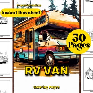 50 RV Van Coloring Page Book, Object Motor Nature Car Vintage, Printable PDF Sheets,  Grayscale Coloring, Adults + Kids