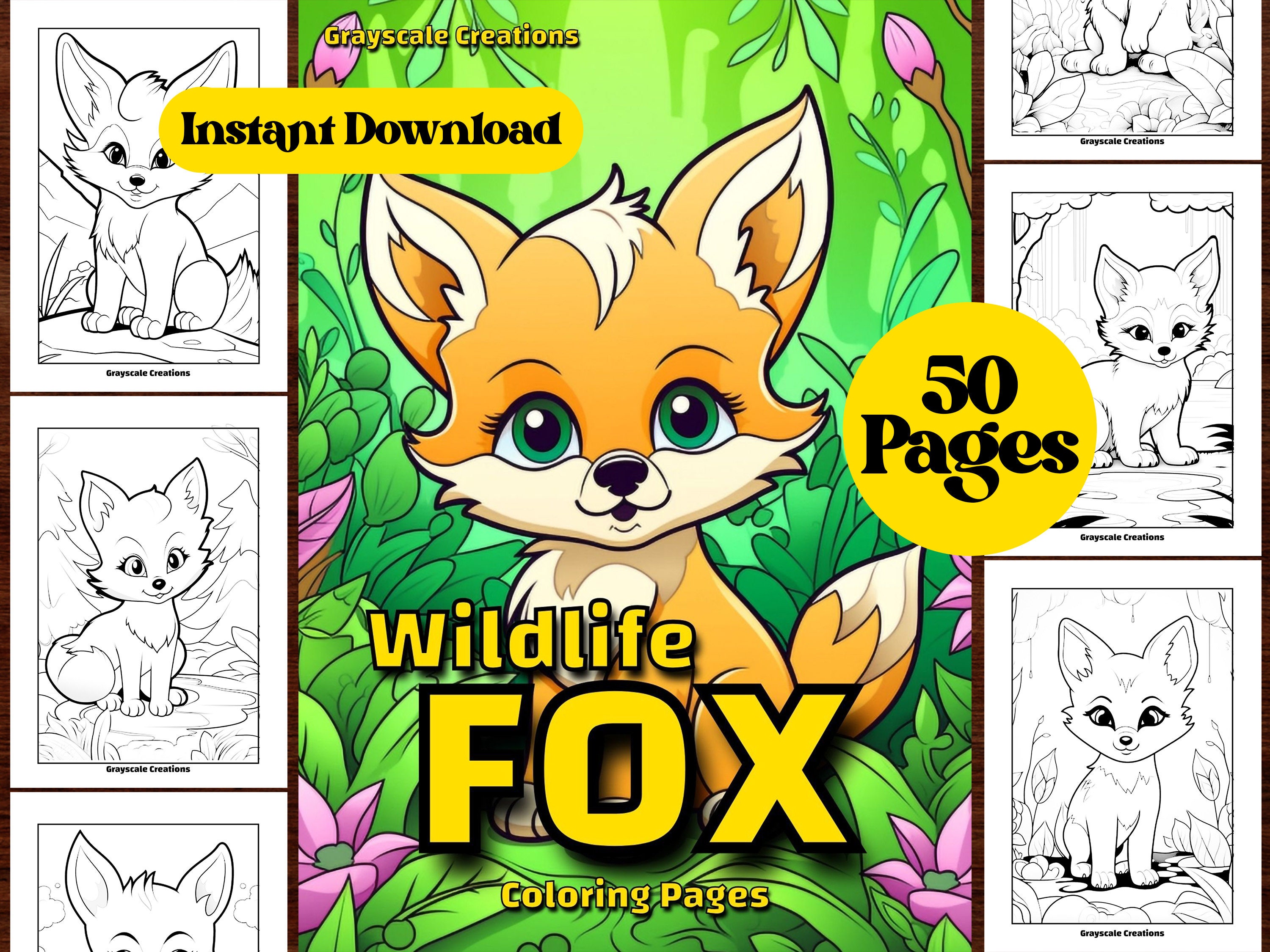 50 Cute Fox Coloring Page Book, Printable PDF Sheets, Instant Download, Grayscale Coloring, Adults + Kids, Woodland Wildlife Animals
