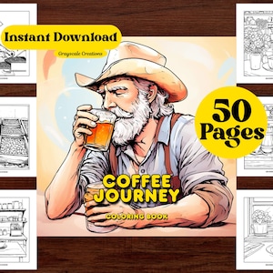 50 Coffee Journey Coloring Page Book, Coffee Barista Mindfulness Stress Relief Coloring, Printable PDF Sheets, Instant Download
