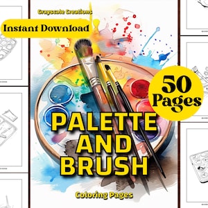 50枚のパレットとブラシを使った塗り絵、オブジェクト、モーター、自然、車、ヴィンテージ、印刷可能なPDFシート、グレースケール塗り絵、大人と子供