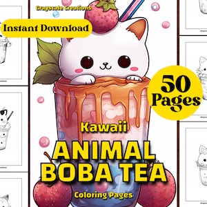 Libro de páginas para colorear de té Boba de 50 animales, gato, perro, panda, zorro, lindo garabato Kawaii, hojas PDF imprimibles, coloración en escala de grises, adultos + niños