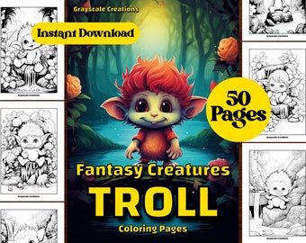 50 Cute Baby Troll Coloring Page Book, Printable PDF Sheet, Instant Download, Grayscale Coloring, Adults + Kids, ADHD DND, Monster Flower