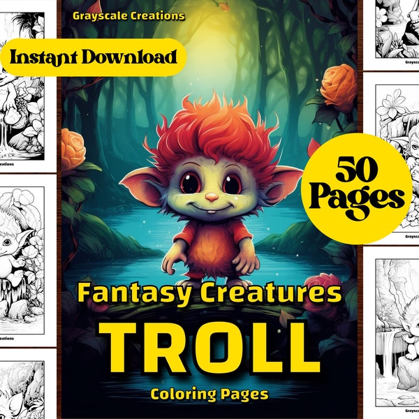 50 Cute Baby Troll Coloring Page Book, Printable PDF Sheet, Instant Download, Grayscale Coloring, Adults + Kids, ADHD DND, Monster Flower