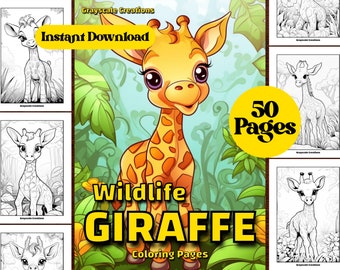 50 Cute Giraffe Coloring Page Book, Printable PDF Sheets, Instant Download, Grayscale Coloring, Adults + Kids, Woodland Wildlife Animals