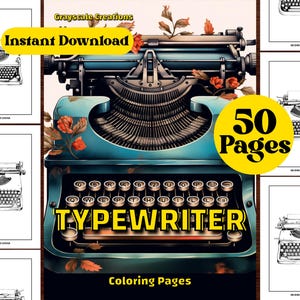 50 Typewriter Coloring Page Book, Object Motor Nature Car Vintage, Printable PDF Sheets,  Grayscale Coloring, Adults + Kids