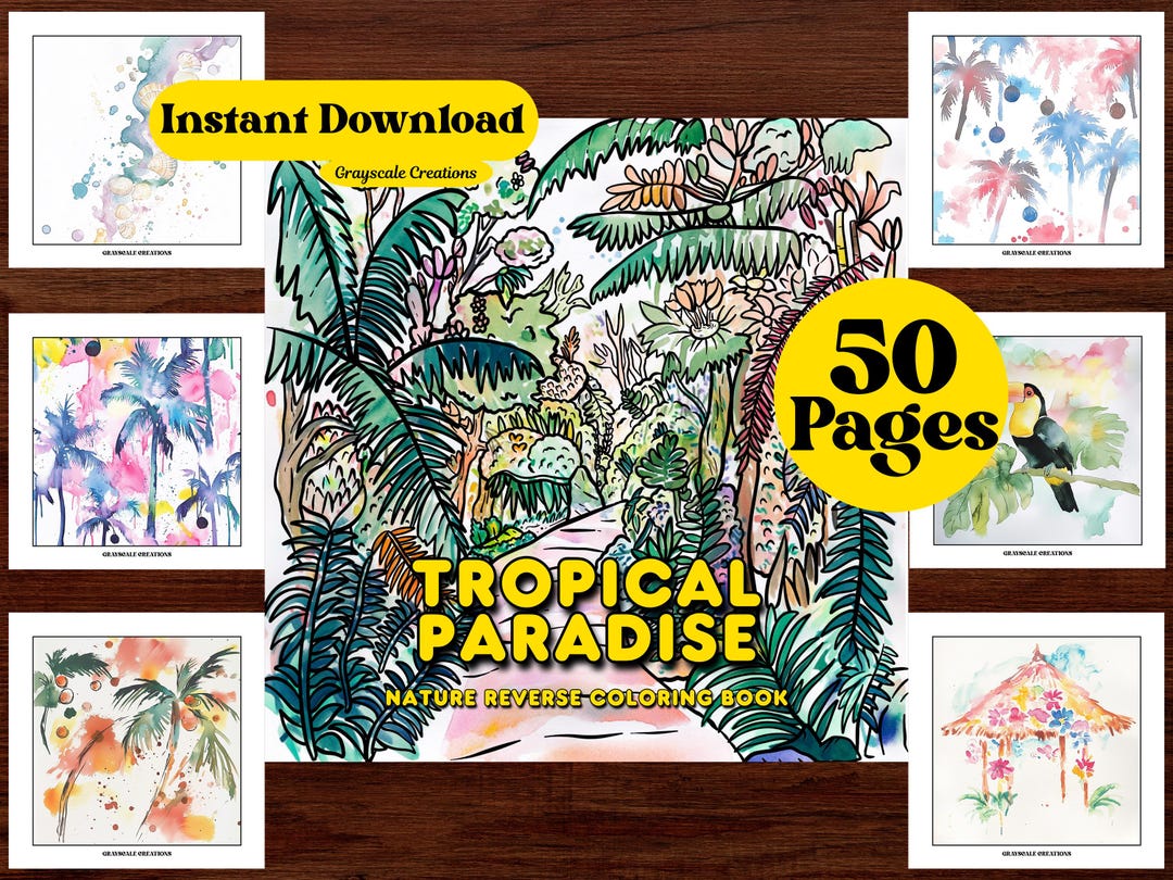 50 Tropical Paradise Reverse Coloring Page Book, Watercolor Abstract ...