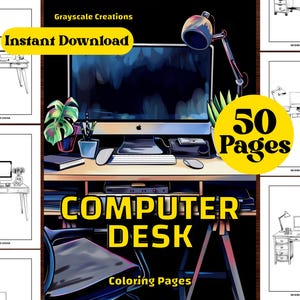 May include: A black and white coloring book with 50 pages of computer desk illustrations. The cover features a colorful illustration of a computer desk with a lamp, a plant, and a keyboard. The text "Computer Desk Coloring Pages" is written in yellow on a black background.