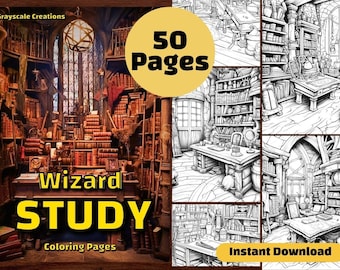 50 Wizard’s Study Coloring Page Book, Printable PDF Sheets, Instant Download, Grayscale Coloring, Adults + Kids, Library Office Halloween