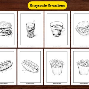 May include: A set of eight black and white illustrations of various fast food items, including a hamburger, fries, a hot dog, a milkshake, and a glass of iced tea. The illustrations are in a simple, cartoon style and are perfect for coloring or use in a variety of creative projects.