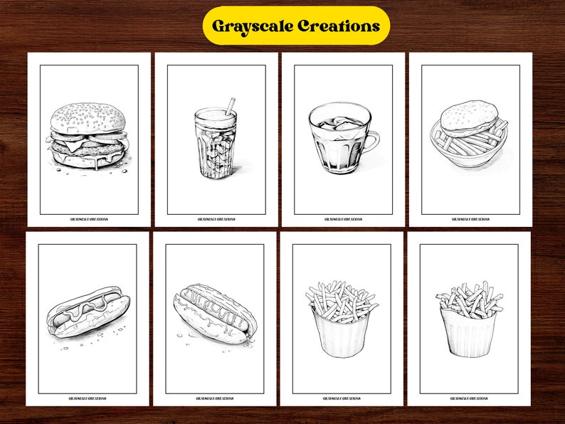 May include: A set of eight black and white illustrations of various fast food items, including a hamburger, fries, a hot dog, a milkshake, and a glass of iced tea. The illustrations are in a simple, cartoon style and are perfect for coloring or use in a variety of creative projects.