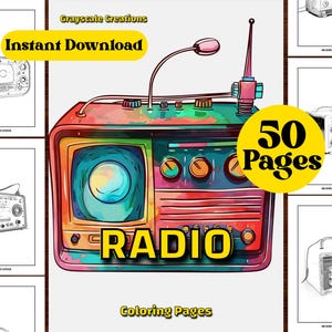 50 Radio Coloring Page Book, Object Motor Nature Car Vintage, Printable PDF Sheets,  Grayscale Coloring, Adults + Kids