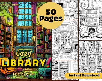 50 Cozy Library Coloring Page Book, Printable PDF Sheets, Instant Download, Grayscale Coloring, Adults + Kids, ADHD, Book Shelves Interiors