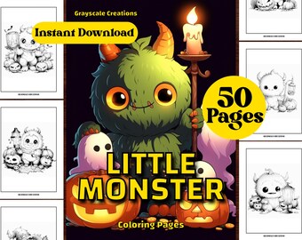 50 Little Monster Coloring Page Book, Halloween Cartoon Creepy, Printable PDF Sheets, Instant Download, Grayscale Coloring, Adults + Kids